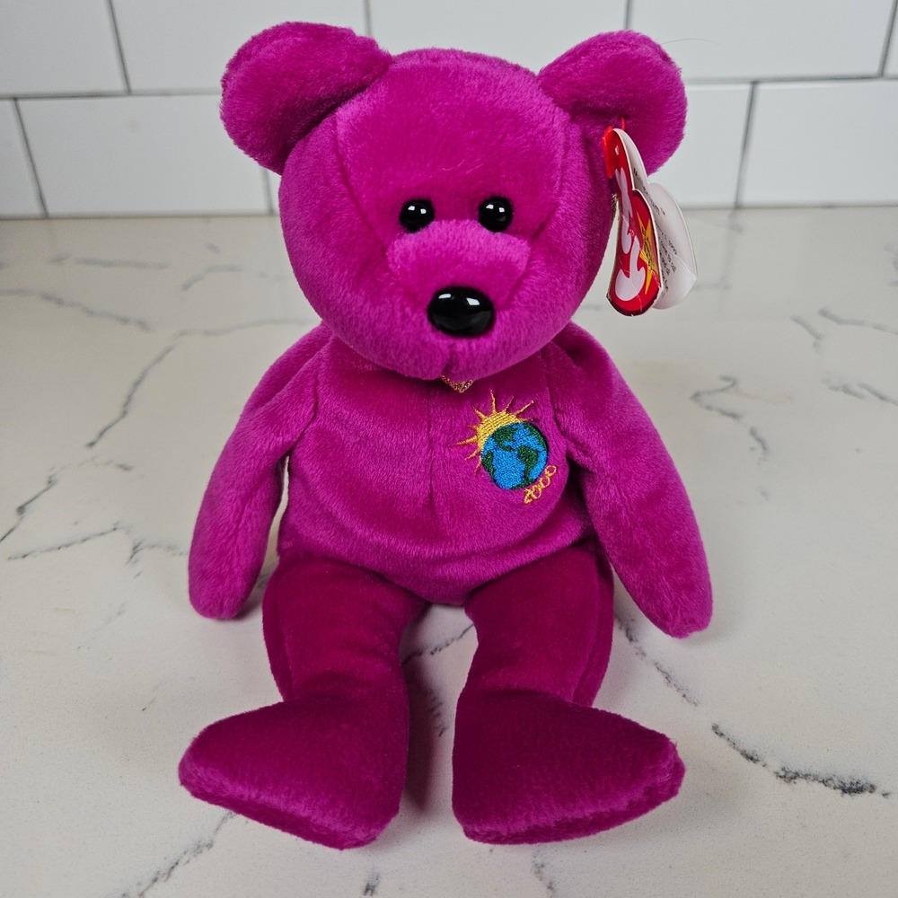 TY Beanie Baby "Millennium" Bear 1999 Purple Earth Heart Patch Plush Toy